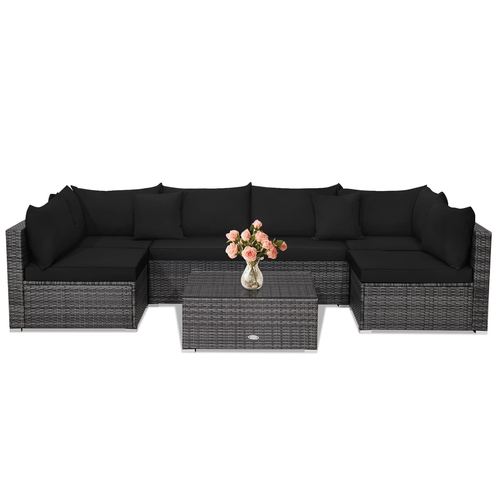 Ensemble de meubles de patio en osier Tangkula 7 pièces, ensemble de canapés pour 6 personnes avec siège, 2 coussins décoratifs